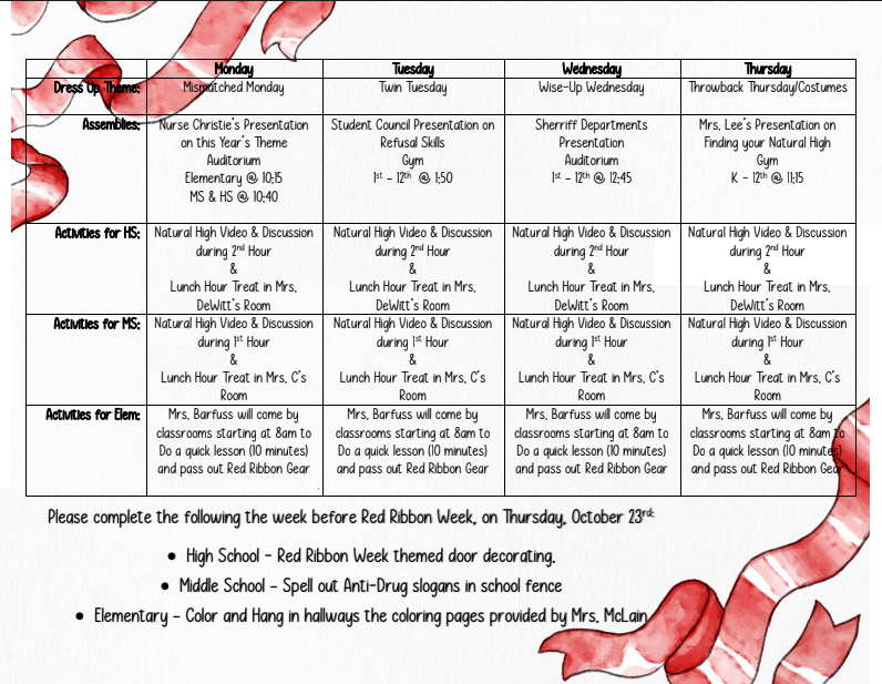Red Ribbon Week Calendar
